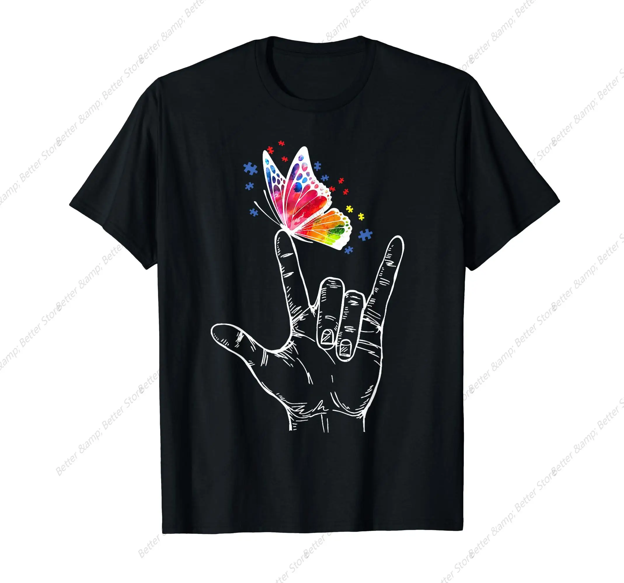 I Love You Hand Sign Language Butterfly Autism Awareness T-Shirt