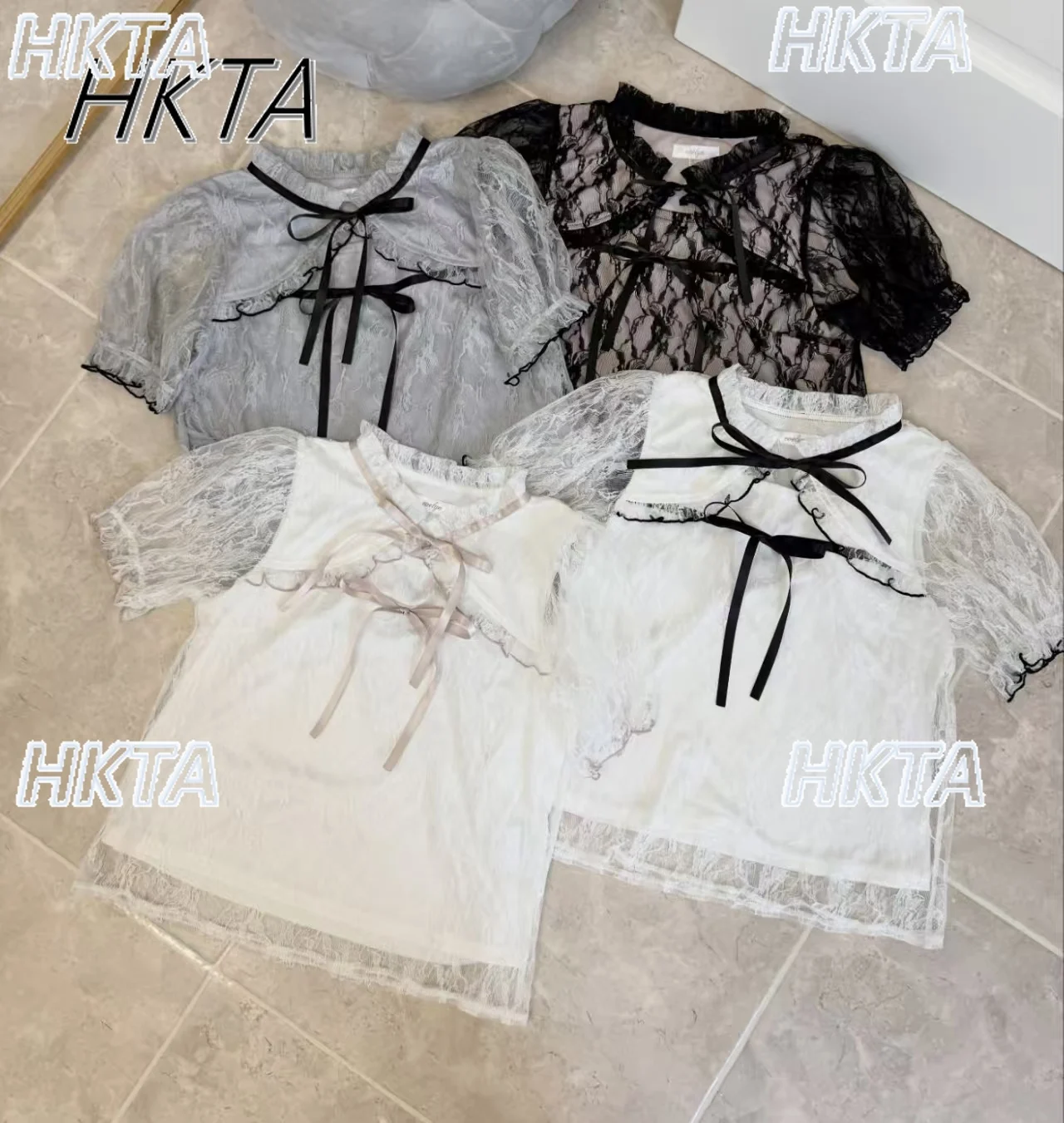 Estilo japonés agradable arco encaje hasta encaje hueco Tops camisa mujeres desplazamientos versátil cuello redondo manga corta blanco rosa camiseta