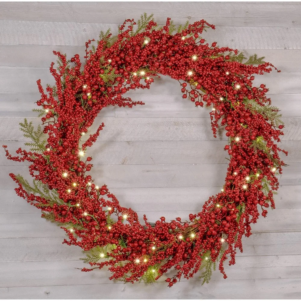 36” Light-Up Christmas Wreath with Red Cranberries, Battery-Operated LED Lights with Timer