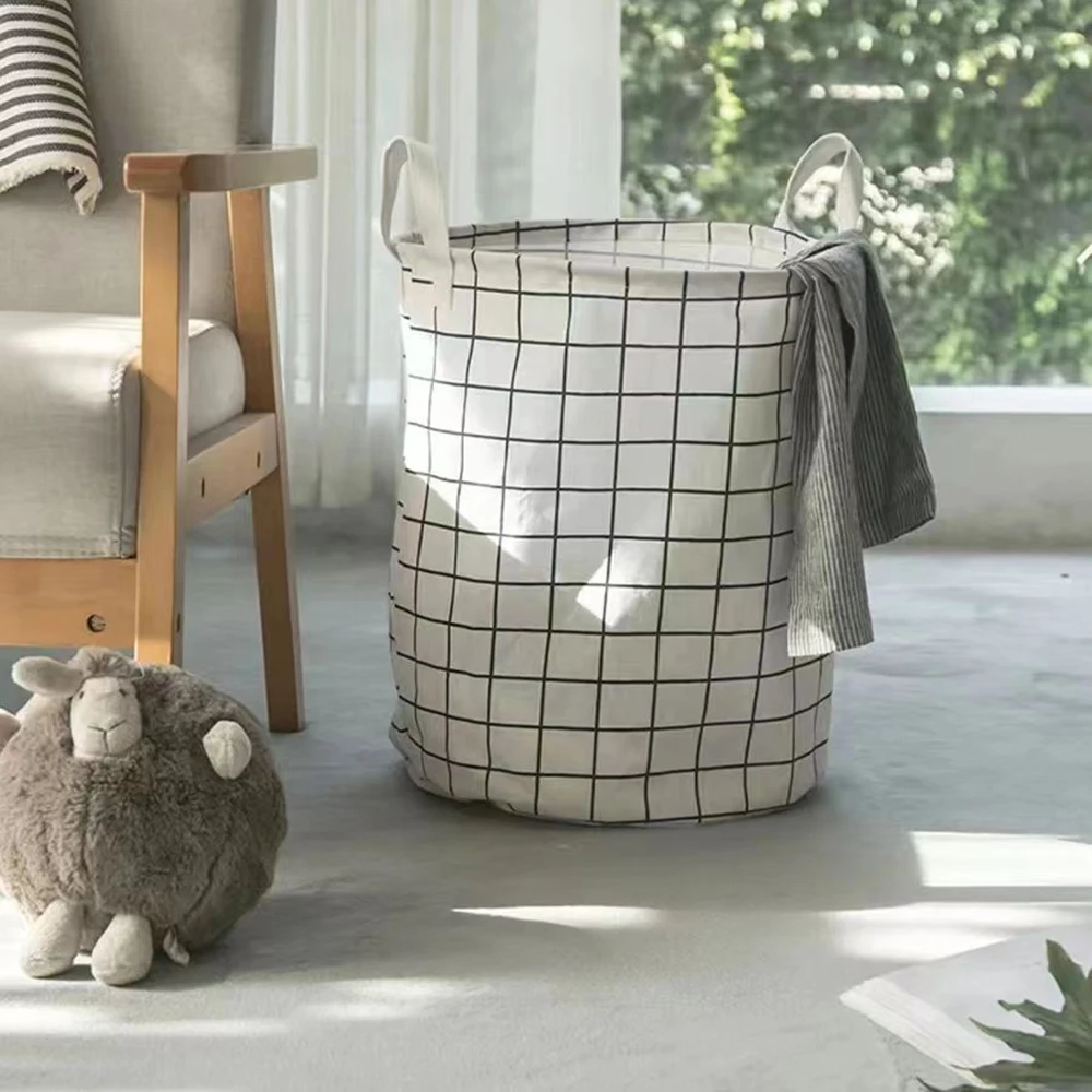Large Foldable Waterproof Dirty Clothes Basket Household Toy Storage Bucket Plaid Fabric Cotton Linen Household Organizer