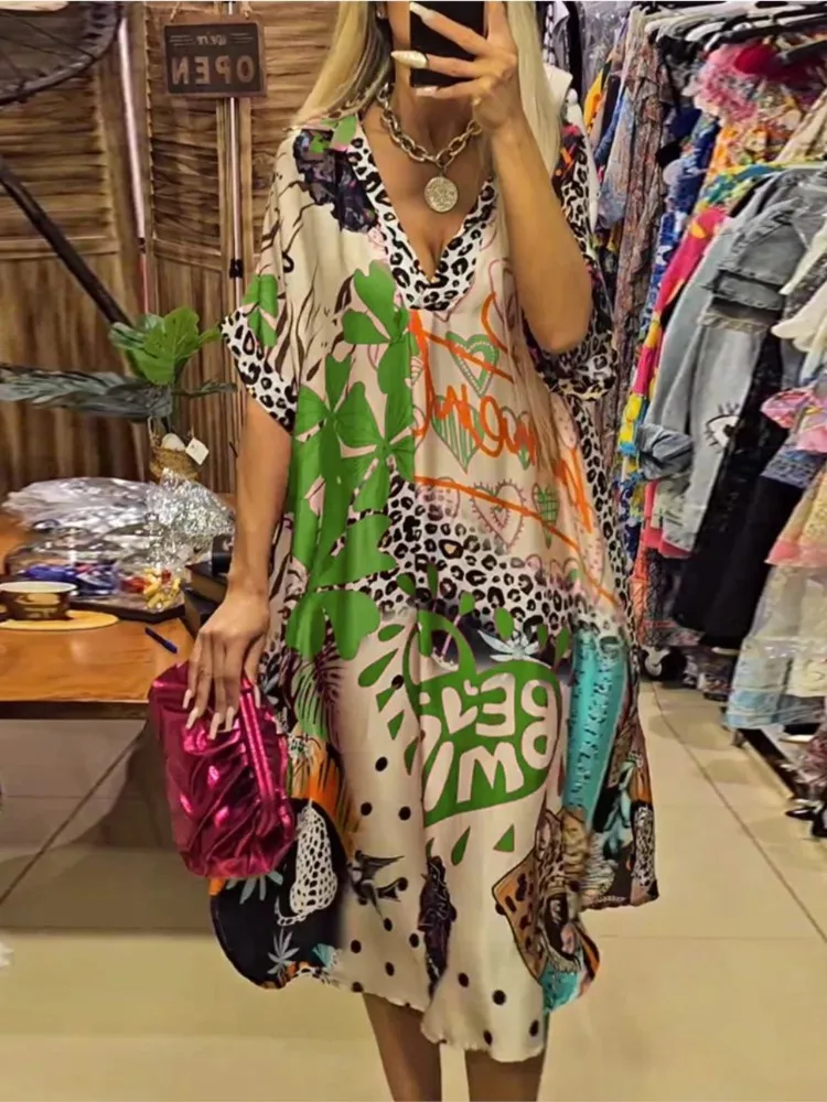 Abito camicia con stampa colorata leopardata di moda 2025 Abiti lunghi drappeggiati larghi con scollo a V Abiti estivi da donna a maniche corte