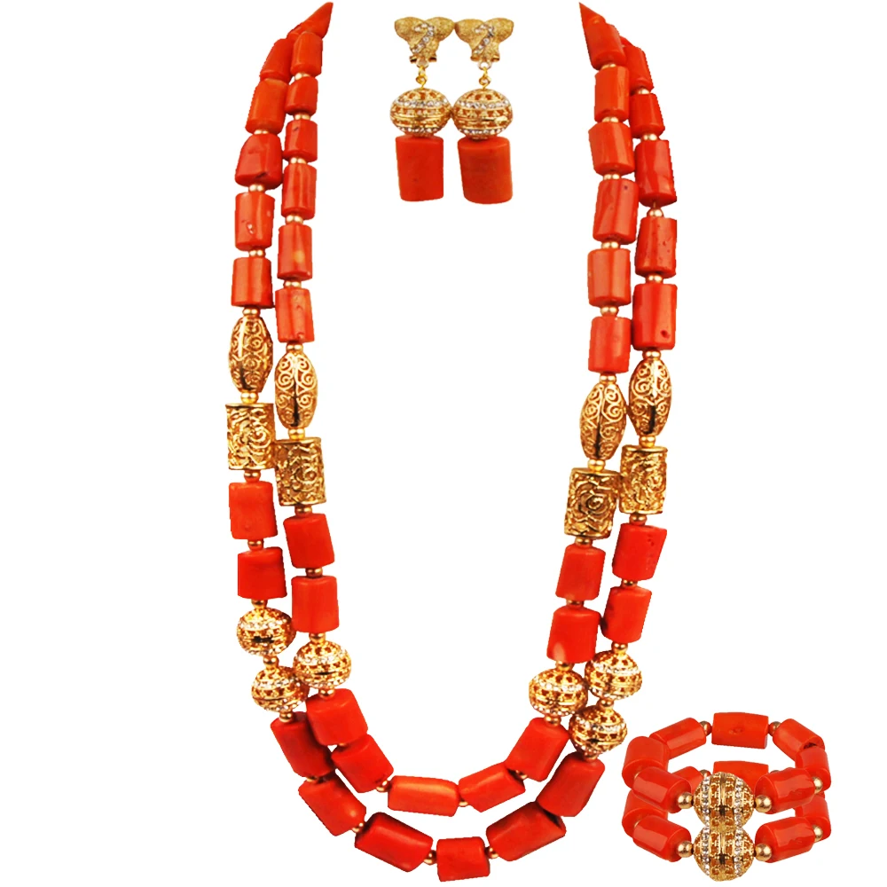 

40inches African Necklace Nigerian Wedding Coral Jewelry Set for Women Orange Bridal Coral Set