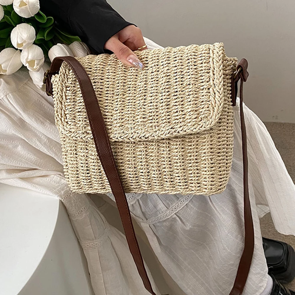 

Женская плетеная соломенная сумка, летняя пляжная сумка, винтажная маленькая квадратная сумка-сэтчел с регулируемым ремнем, шикарная сумка-хобо ручной работы