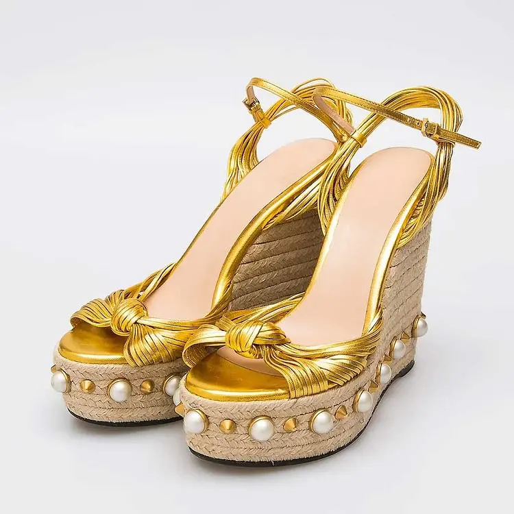 

Summer New Women Gold Knot Open Toe Pearl and Rivets Decor Platform Wedge Sandals Fashion All Match Ankle Buckle Strap Sandals