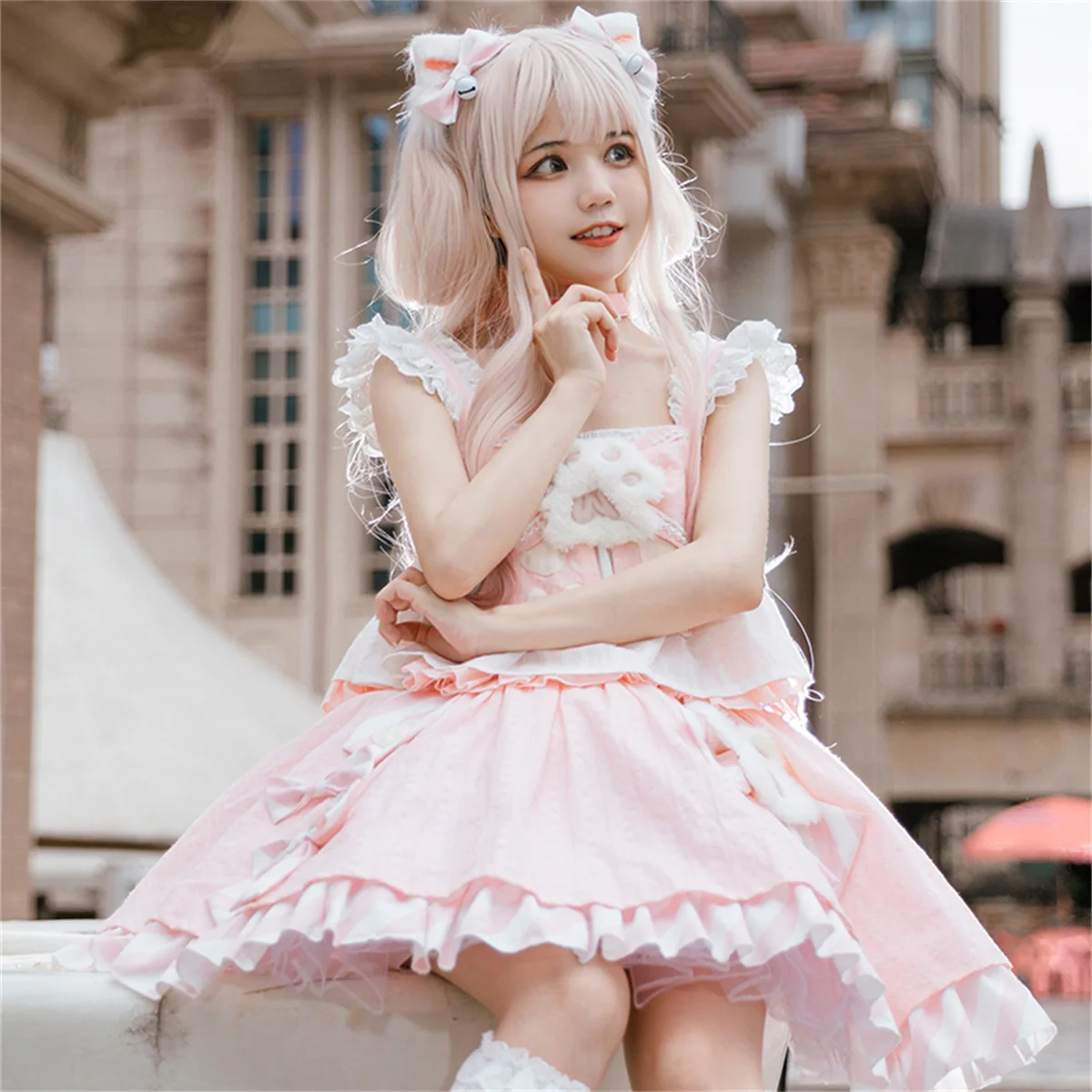 Robe de gâteau dos nu en dentelle à volants pour filles, nœud rayé mignon, griffe de chat en peluche, Lolita Jsk, Kawaii Sweet Loli, Cosplay de style japonais