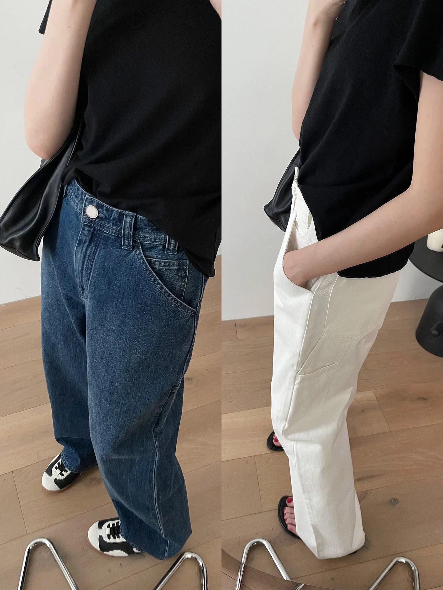 

Modern Retro High Waist Wide Leg Jeans Blue White Stripes Women's Straight Cut Casual Trousers Comfortable Cotton Zipper Closure
