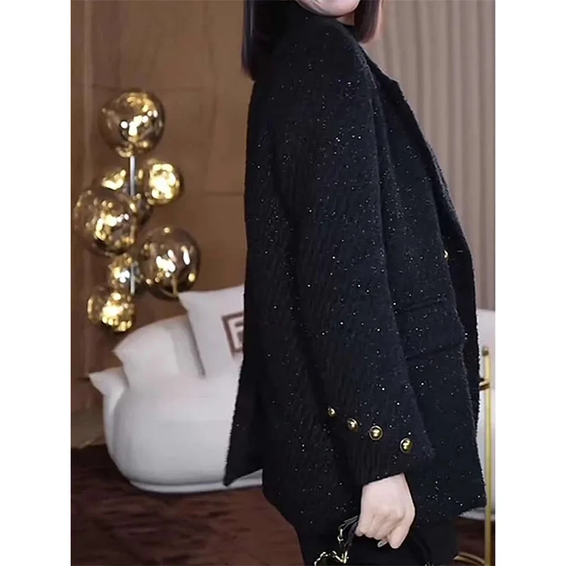 แฟชั่นสีดําLapelเสื้อสูทผู้หญิงฤดูใบไม้ผลิฤดูใบไม้ร่วงฤดูหนาวOuterwear 2025 ใหม่ผู้หญิงBlazer High-End Double-Breastedเสื้อสูท