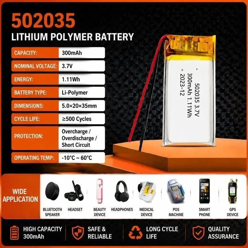 [New] 100pcs 502035 polymer lithium battery 300mAh beauty instrument hair removal instrument earphone recorder 3.7V