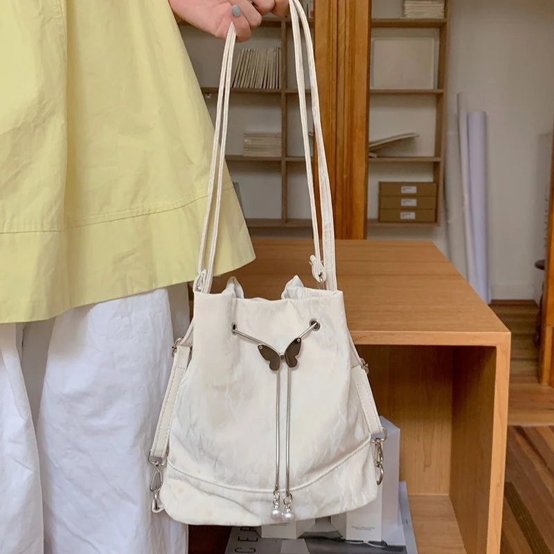 Women Mint Green Butterfly Drawstring Backpack Lady New Korean Style Jacquard Mini Bucket Bag Female Cutecore Shoulder Bags - view 5