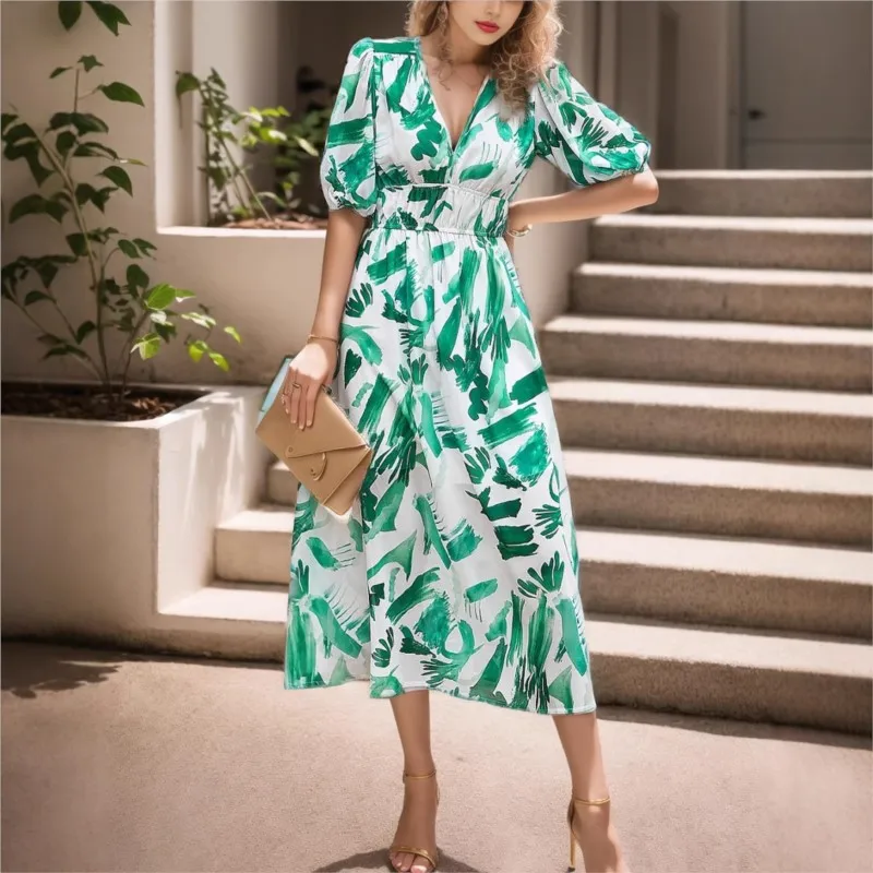 Nuovo Boho Stampa floreale Abito longuette Moda donna Scollo a V Abiti a maniche corte per le donne 2025 Abito lungo casual estivo per le vacanze