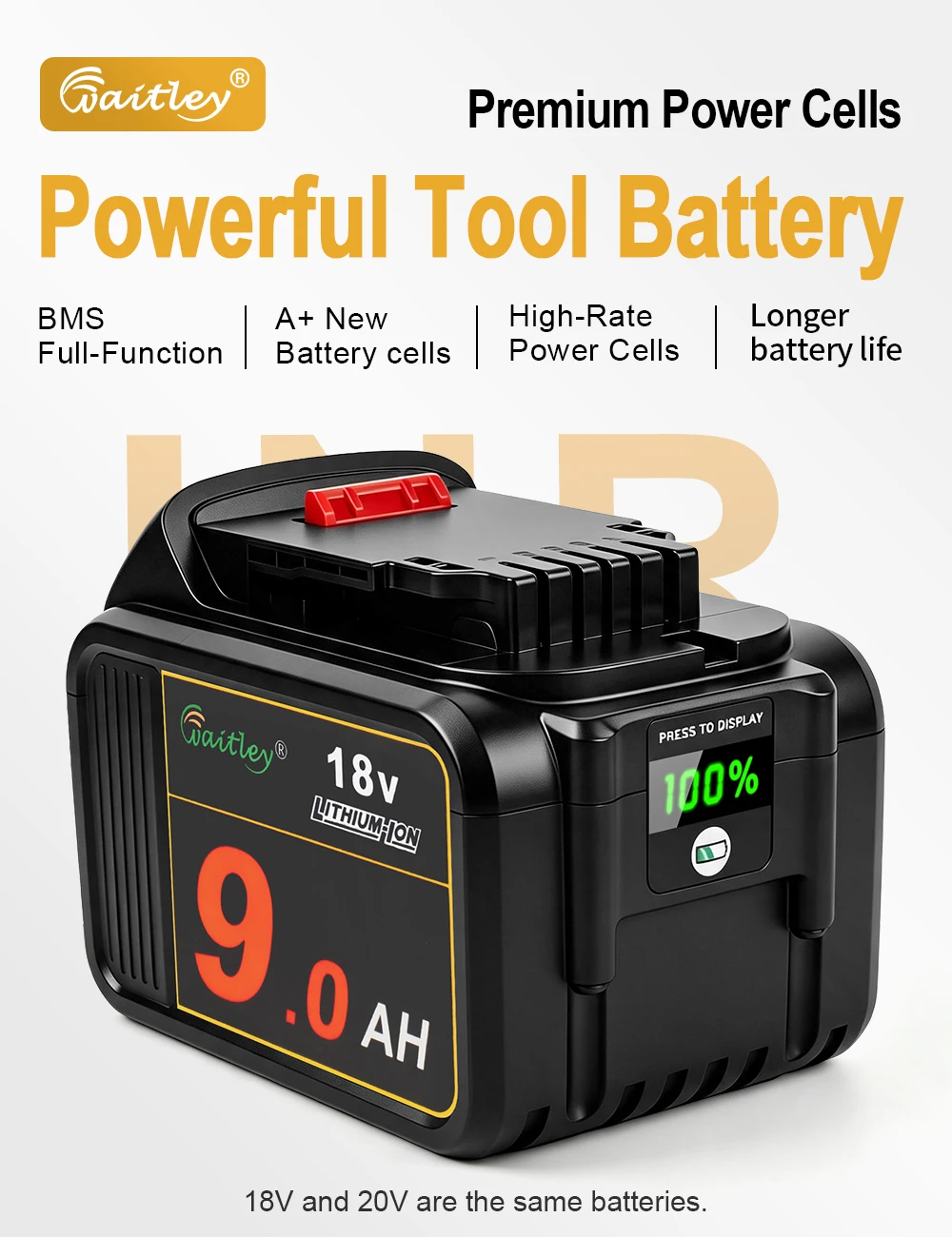Waitley 9 Ah Akku kompatibel mit Dewalt 18 V Elektrowerkzeug-Bohrmaschine DCB184 181 201 200 20 V 18 V wiederaufladbare Lithium-Batterien – Detail 4