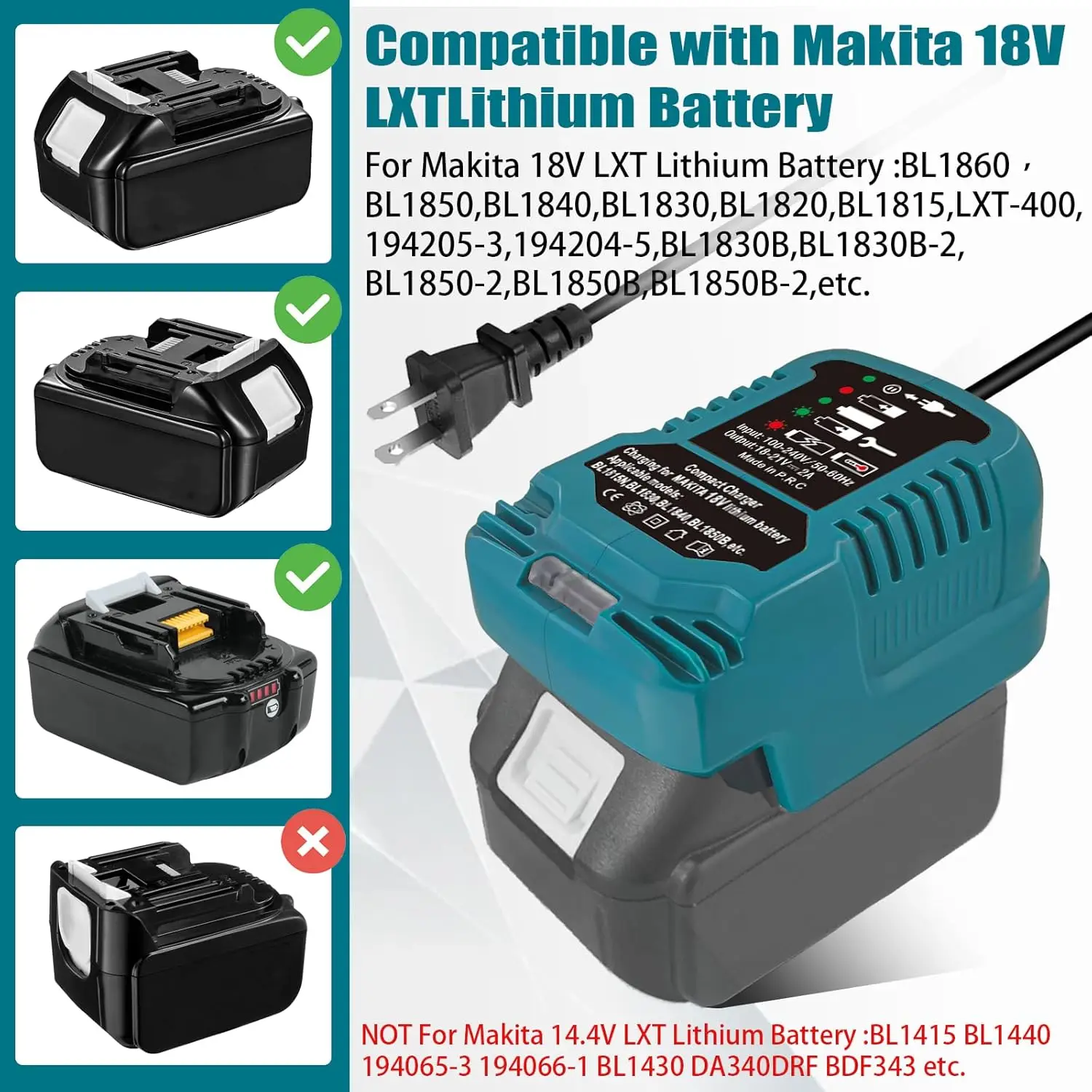 DC18RC Replacement Charger for Makita 18V LXT Battery, 2A Mini Rapid Charger 100-240V Input for BL1830 BL1840 BL1850 ,NO Battery