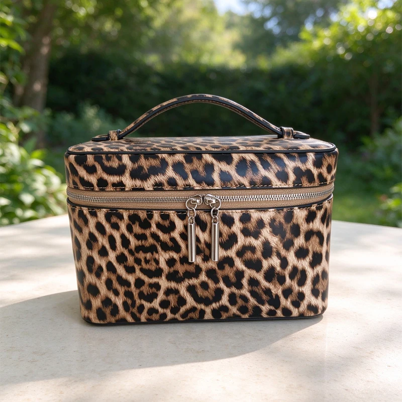 Leopard Print Genuine Leather Cosmetic Bag Professional Large Makeup Box For Girls Cosmetic Storage Handbag WomenToiletry Bag