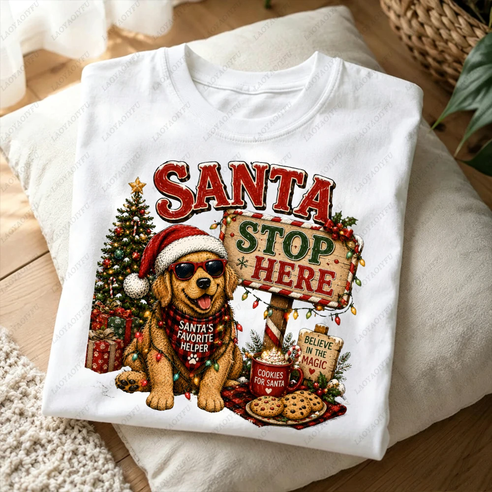 Santa Stop Here Golden Retriever Graphic T Shirt Women Christmas Dog Print Short Sleeve Cotton Tee Holiday Wear Y2k Top