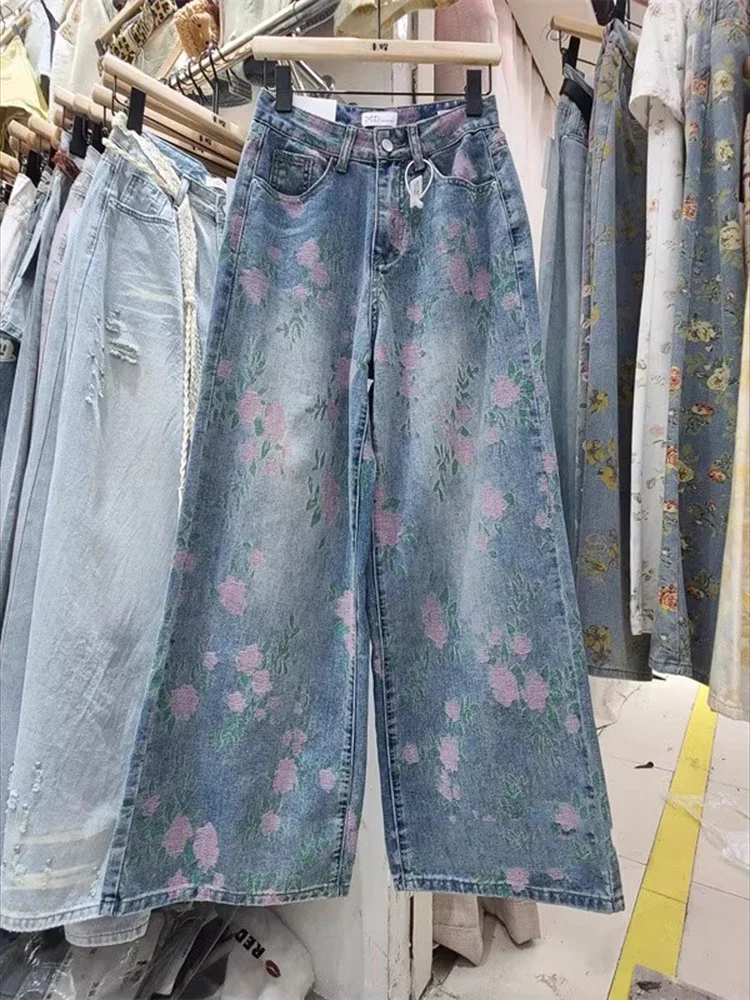 

Retro Design Flower Printed Fashion Wide Leg Jeans Women's Summer New High Waist Loose Floor Dragging Casual Pants