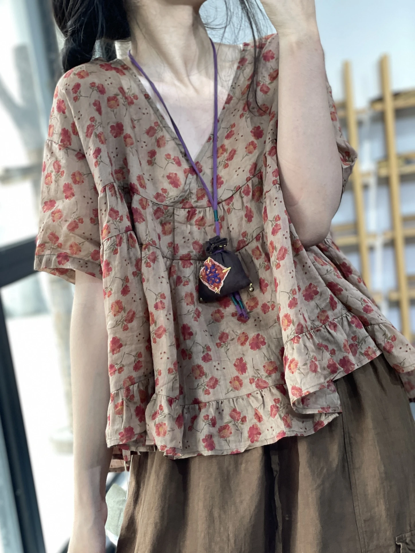 Csa de Aodão e Linho Estilo Coreano, Solta, com Manga Curta, Decote em V, Patchwork Floral, Top de Verão, Parte Superior...