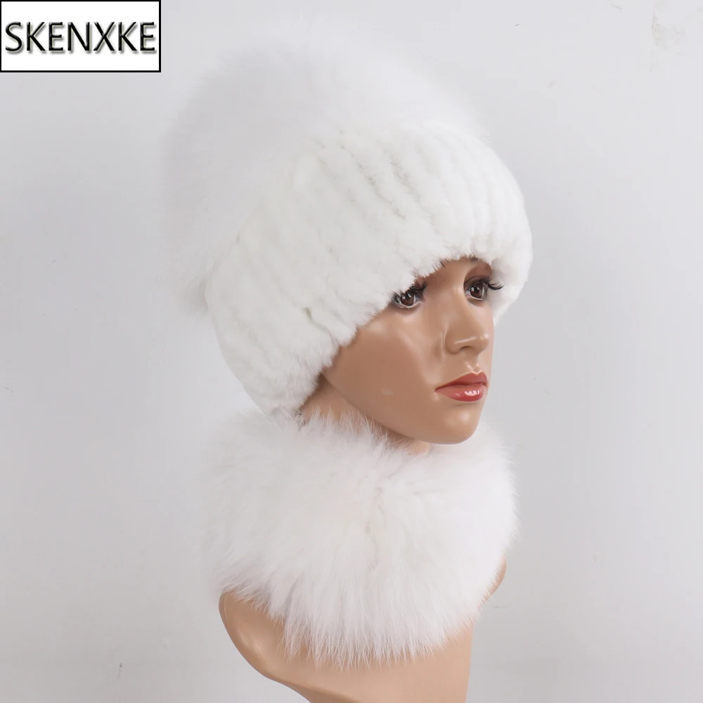 

New Women Winter Real Fox Fur Hat Scarf Sets Girls Real Rex Rabbit Fur Cap Warm Knitted 100% Real Fox Fur Scarves Hats 2 Pieces