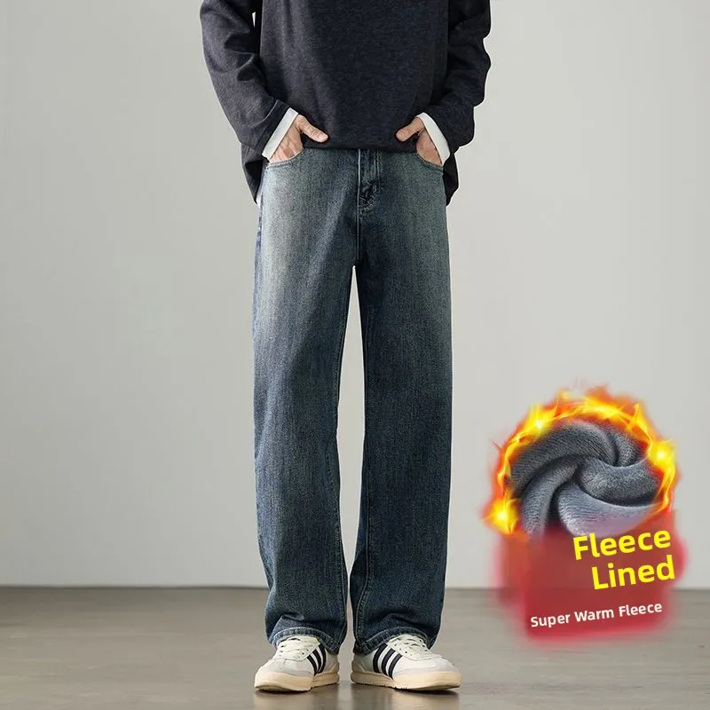 

Мужские джинсы Fce с подкладкой, модные, прямые, свободного кроя, эластичные, длинные брюки, осенне-зимние, повседневные, из смесового хлопка