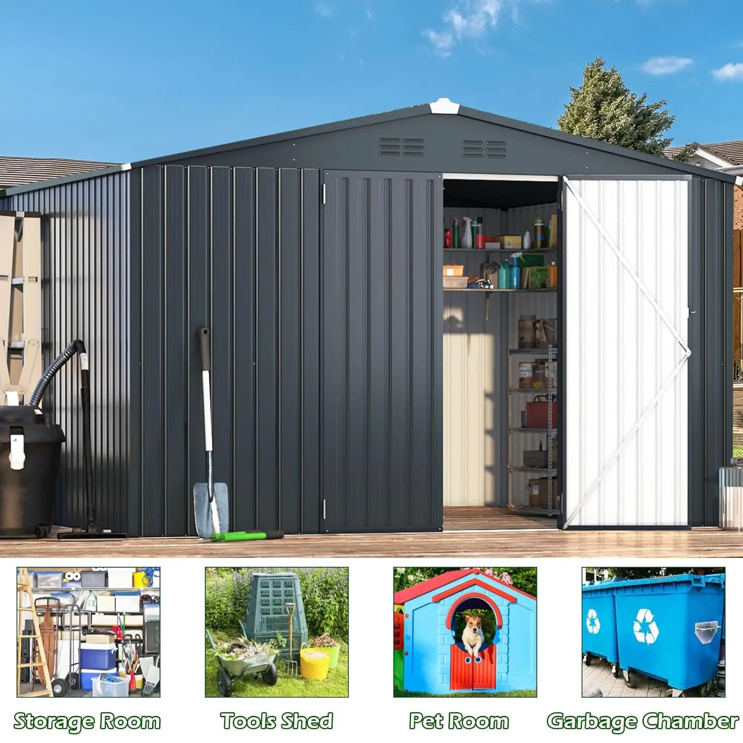 سقيفة تخزين مقاس 10 × 10 بوصات، سجاد تخزين معدني كبير وتخليص خارجي، سقيفة فولاذية للفناء الخلفي مع أبواب قابلة للقفل، وأداة ومرافق