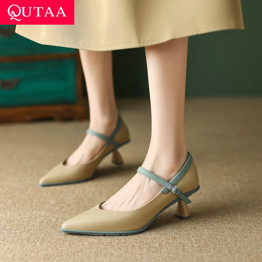 QUTAA 2023 Women Pumps Spring Summer Office Party Pointed Toe Genuine Leather High Heels Mary Janes Shoes Woman Size 34-40