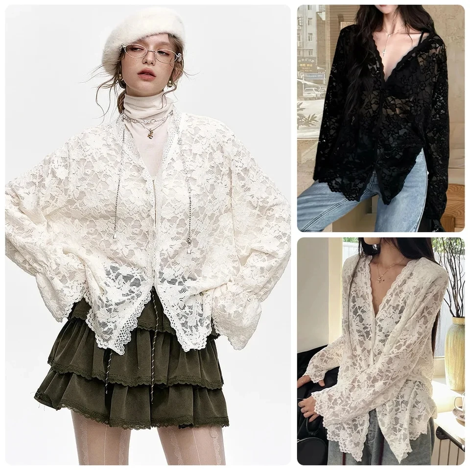 2026 New Women Spring Deep V Pure Desire Style Lace Cardigan Wave V Neck Single Breasted Women