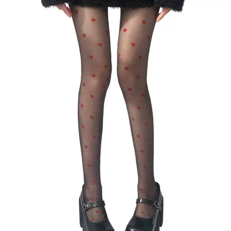 L5YC اليابانية شارع أزياء الجوارب الساحلية الرومانسية نقطات القلب منقوشة لباس ضيق جدا طماق رقيقة خفيفة الوزن للنساء