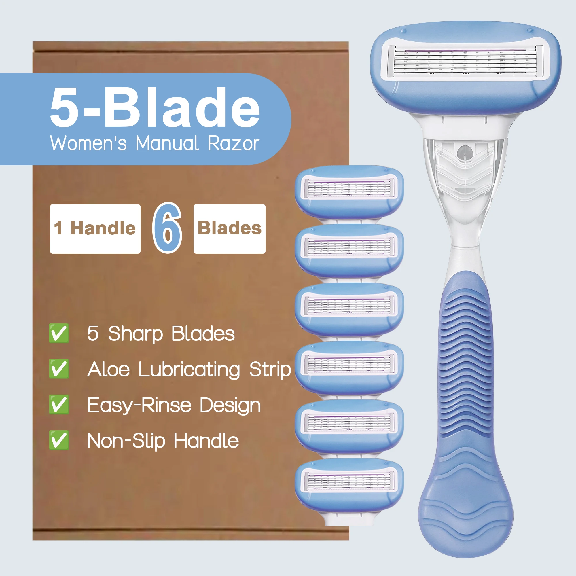 Razors for Women 5-Blade Refillable Manual Shaver with Lubricating Ring & Non-Slip Handle, Body Hair Remover for Legs Armpits Bi
