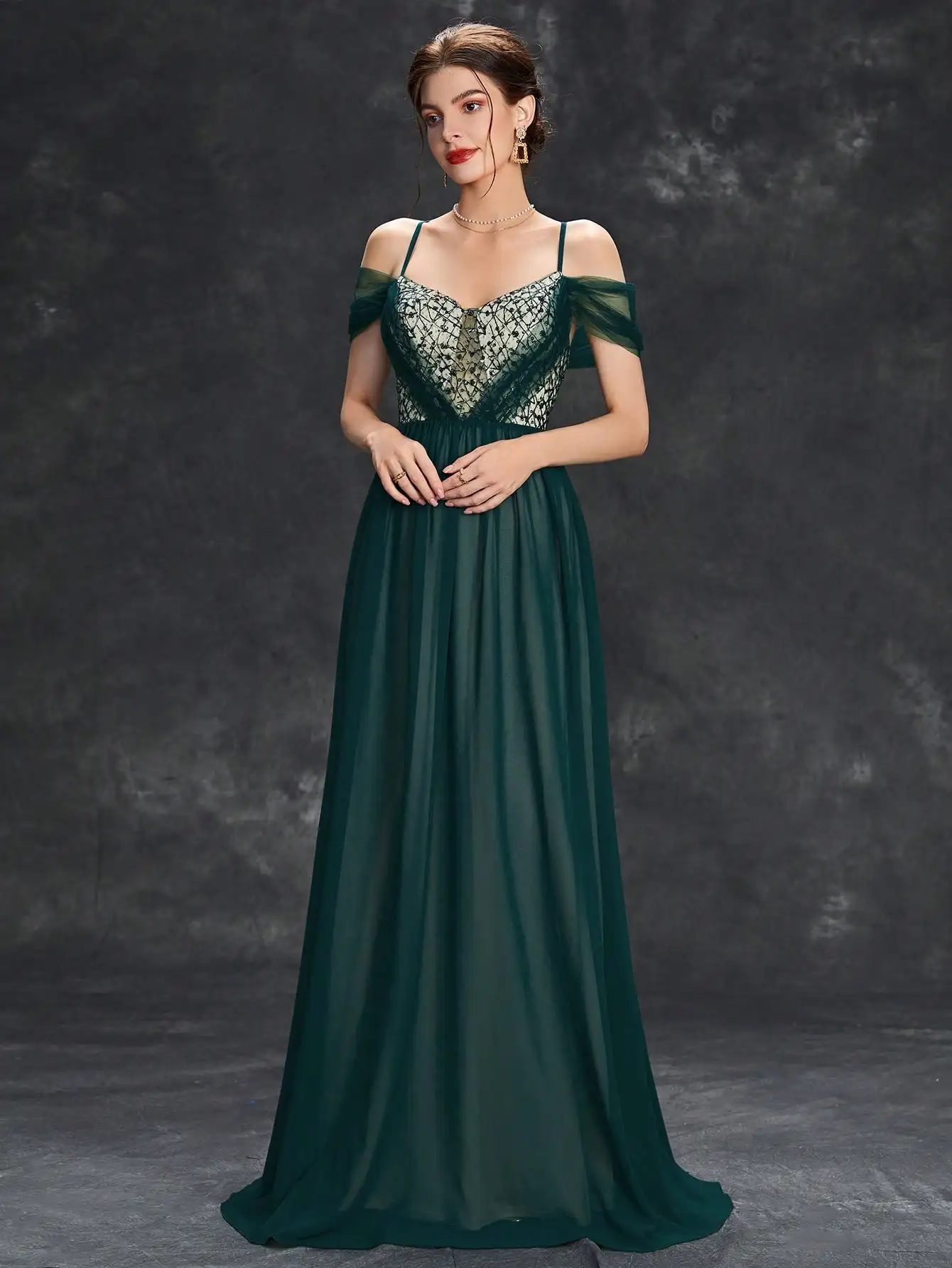 Mgiacy-プリーツシフォンスカート,Vネック,スパンコール,カットアウト,メッシュ,イブニングドレス,ウエディングドレス,イブニングドレス