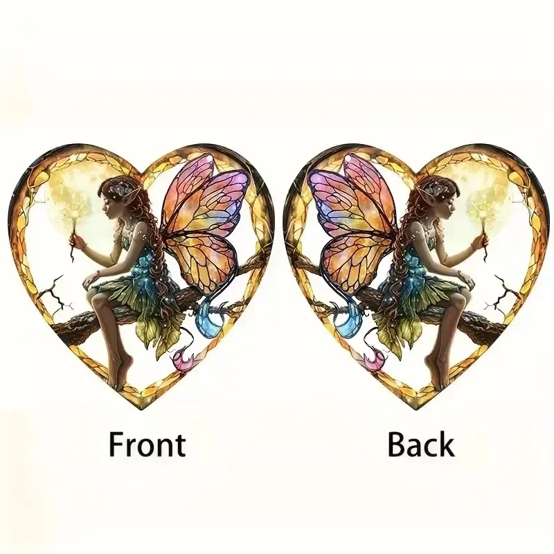 1pcs Magical Fairy Magic Night Fairy Suncatcher Stained Glass Acrylic Heart Wall Hanging For Home And Garden Outdoor Decorative
