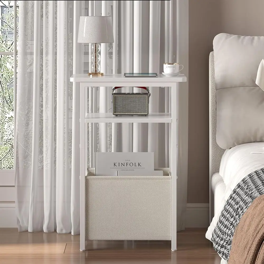 زوج من طاولات جانبية رفيعة مع سلال قماشية، أرفف مدمجة من طبقتين، طاولات ليلية بيضاء لغرفة المعيشة والمكتب