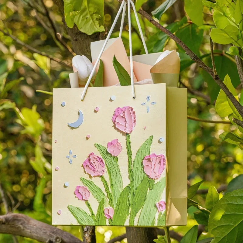 حقيبة هدايا برسومات زيتية إبداعية ، حقيبة حمل أدبية ، تغليف رائع لأعياد الميلاد ، صندوق ورقي ، صندوق تعبئة زهور ، مهرجان #4