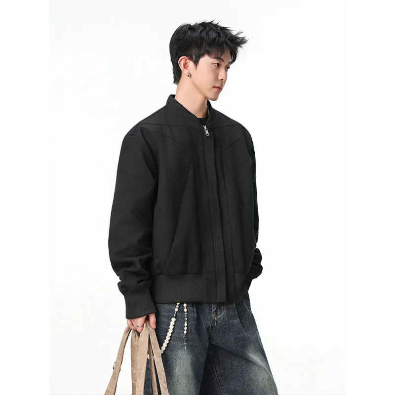 جاكيت كاجوال مغسول للرجال مقاس صغير، ملابس رجالية بمقاس S، ياقة فضفاضة قائمة، تصميم مثلث، ملابس خارجية للراحة، نمط قصير، مصنو...