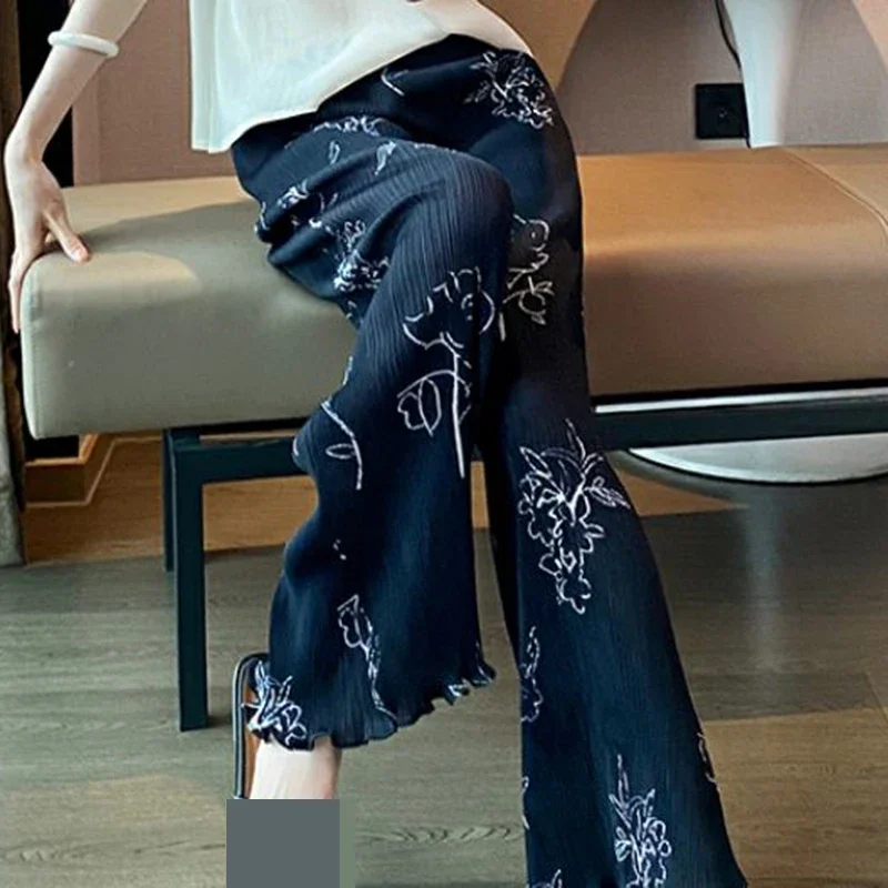 

Брюки с принтом роз, новые женские летние плиссированные прямые широкие длинные брюки, тонкие плиссированные повседневные брюки