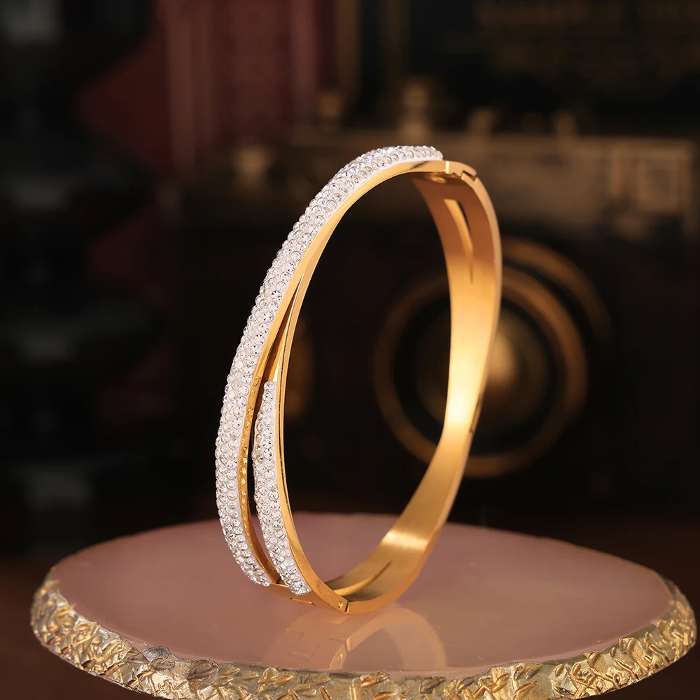 Star-studded Stainless Steel Luxury Women Bangle Bracelet Gold Plated Waterproof Inlaid CZ Clasp Bracelets Jewelry