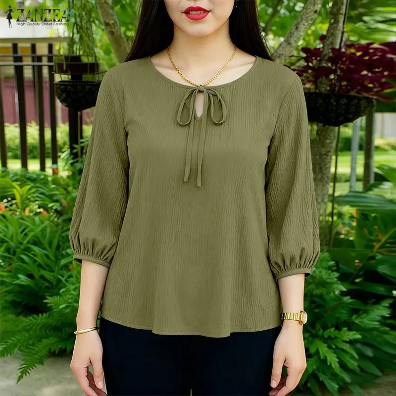 

2026 Spring Summer Women Blouse ZANZEA Elegant 3/4 Puff Sleeve Work Shirt Female Mujer Stylish Solid Holiday Lace-Up Tops Tunic