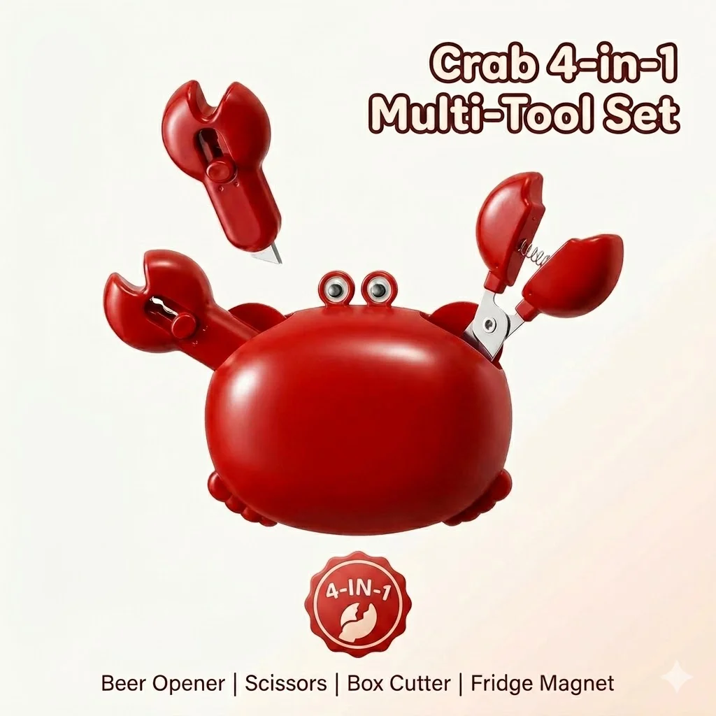 Crab Magnetic 4-in-1 Kitchen Tool Set: Bottle/Beer Opener, Mini Scissors, Box Cutter, Fridge Magnet Cute Cartoon Gadget