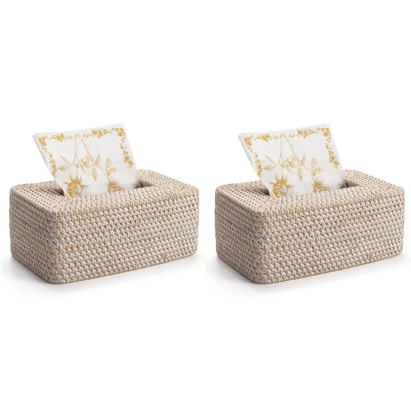 ABUN-2X Rattan Tissue Box Cover, Rectangular Wicker Tissue Box Holder, Decorative Woven Facial Tissue Holder For Home Office