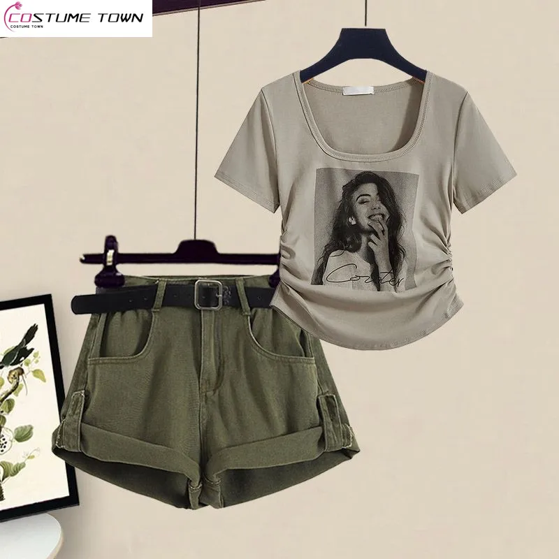 Conjunto de camiseta e shorts de manga curta feminina, conjunto casual para menina picante, moda verão, novo, 2 peças, 2023