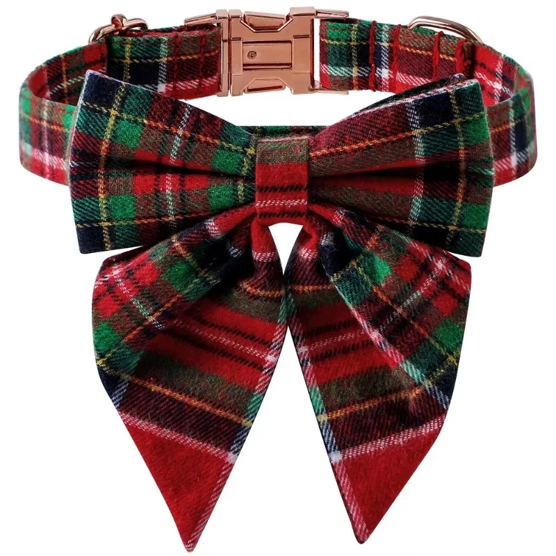 Cotton Green Red Christmas Plaid Swallowtail Butterfly Collar Adjustable Metal Buckle Dog Pets Custom Necklace Cosplay