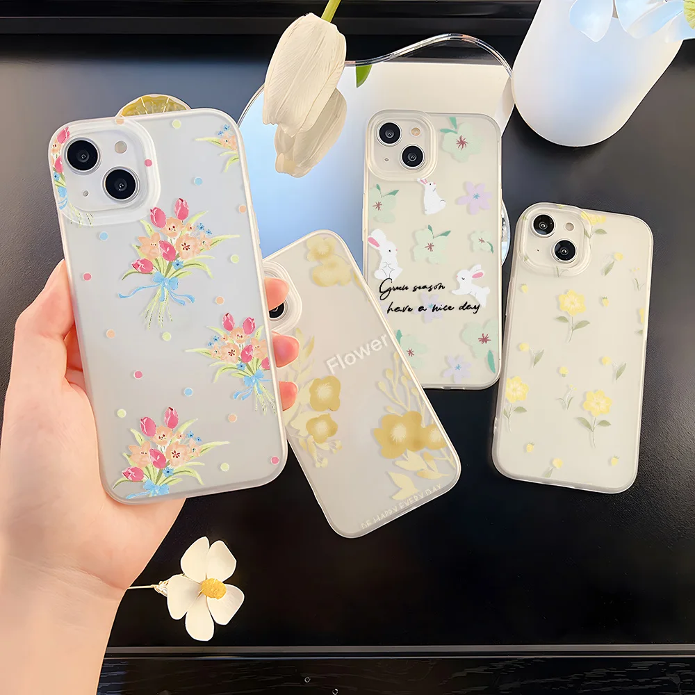 Matte Phone Cases For iPhone 16 Case iPhone 15 Plus 14 Pro Max 11 12 13 Mini Fundas Pink Flower Shockproof Cover Soft TPU Pumper