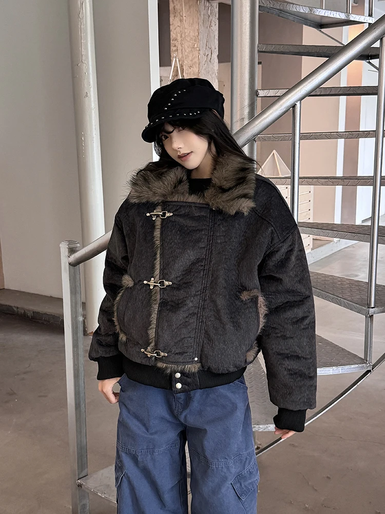 

URKR American Sle Thiened Cotton Jaet Women's Coat with Fur Collar Vintage Aircrt Bule ort Outerwear Coat