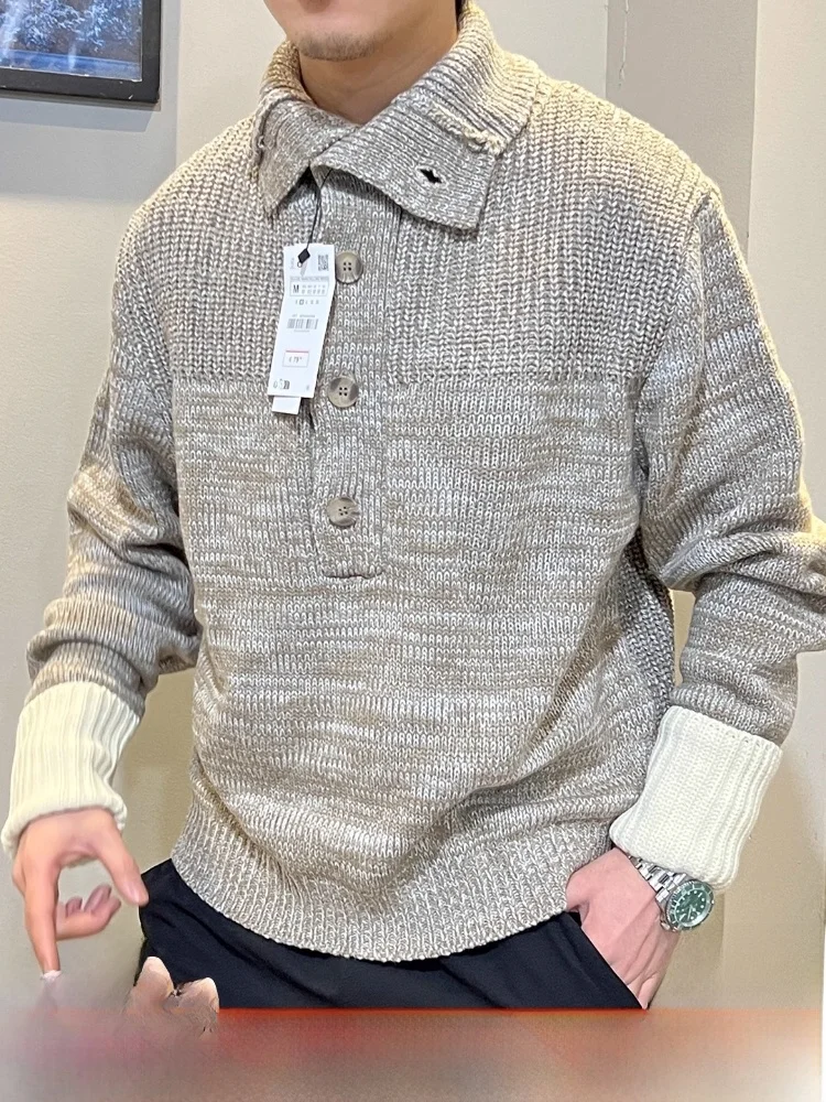 

Faionable Knitted Sweater Loose Fit High Collar Autumn Winter Men's Casual Sle Button Detail Cozy Long Sve Cable Knit