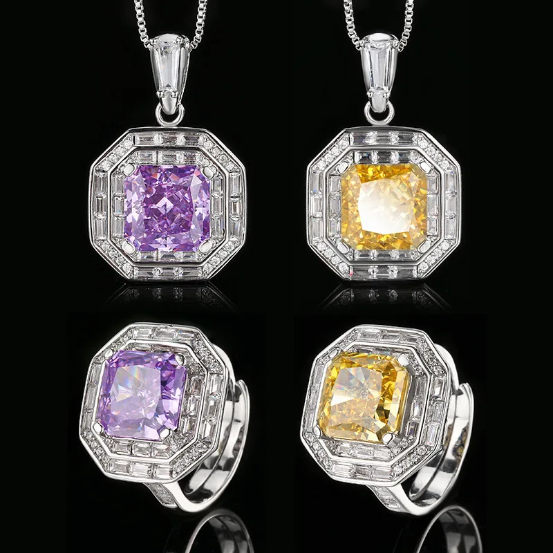 

Luxury Purple Gemstone Jewelry Yellow Stone Octagon Pendant Necklaces Adjustable Rings for Women's Fashion Jewelry Accessories