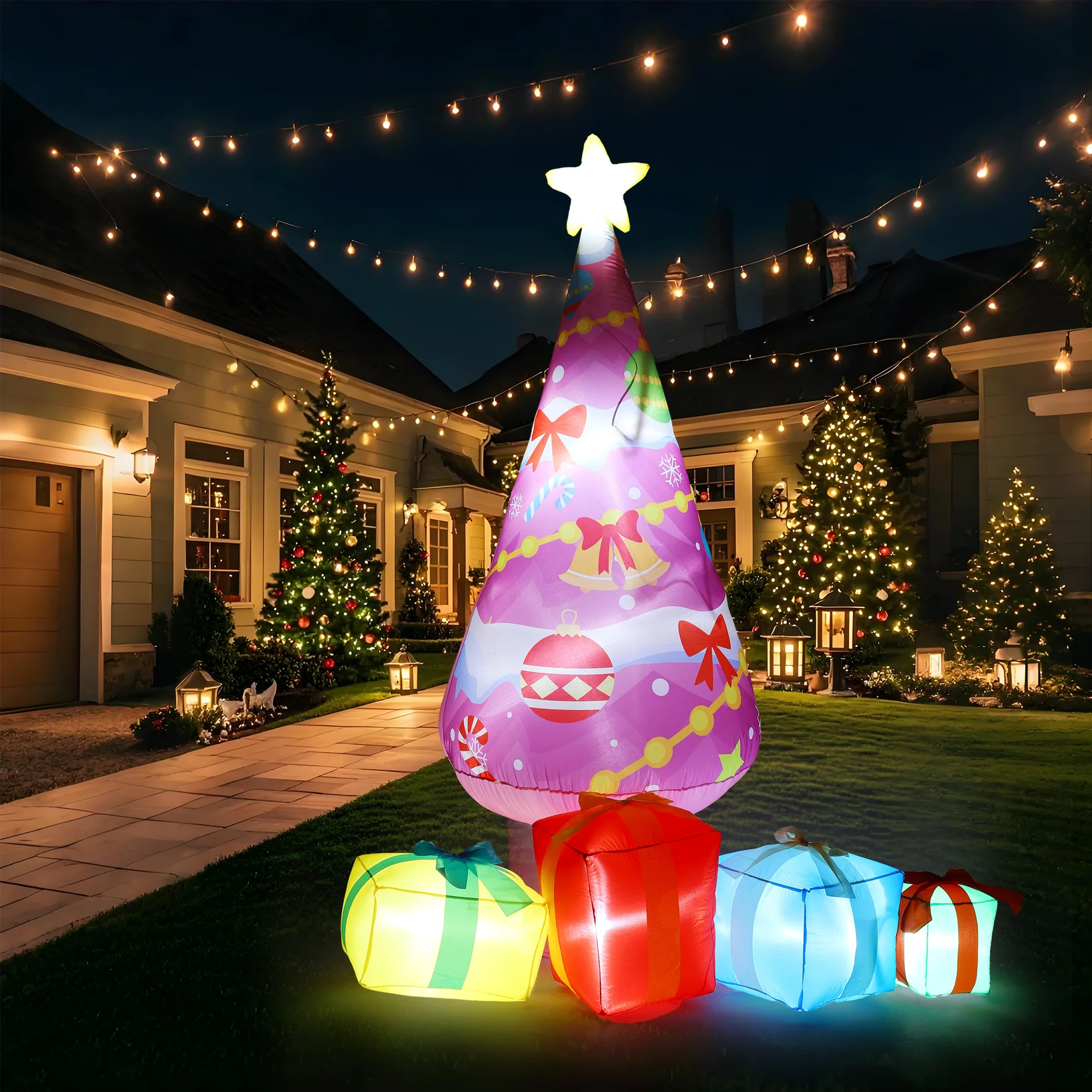7FT  LED Lights Pink Christmas Tree Design Inflatable Christmas Gift Box Decoration with Outdoor Holiday Yard Decor for Garden Patio Lawn Durable Polyester Air Model