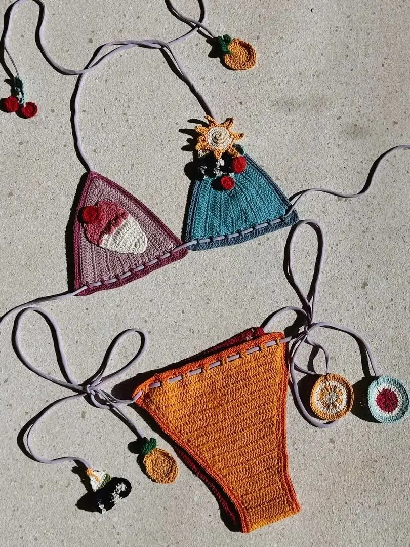 

Вязаный купальник-бикини с цветочными аппликациями для женщин, сексуальный женский купальник на шнуровке, милый купальник с низкой талией, пляжная одежда