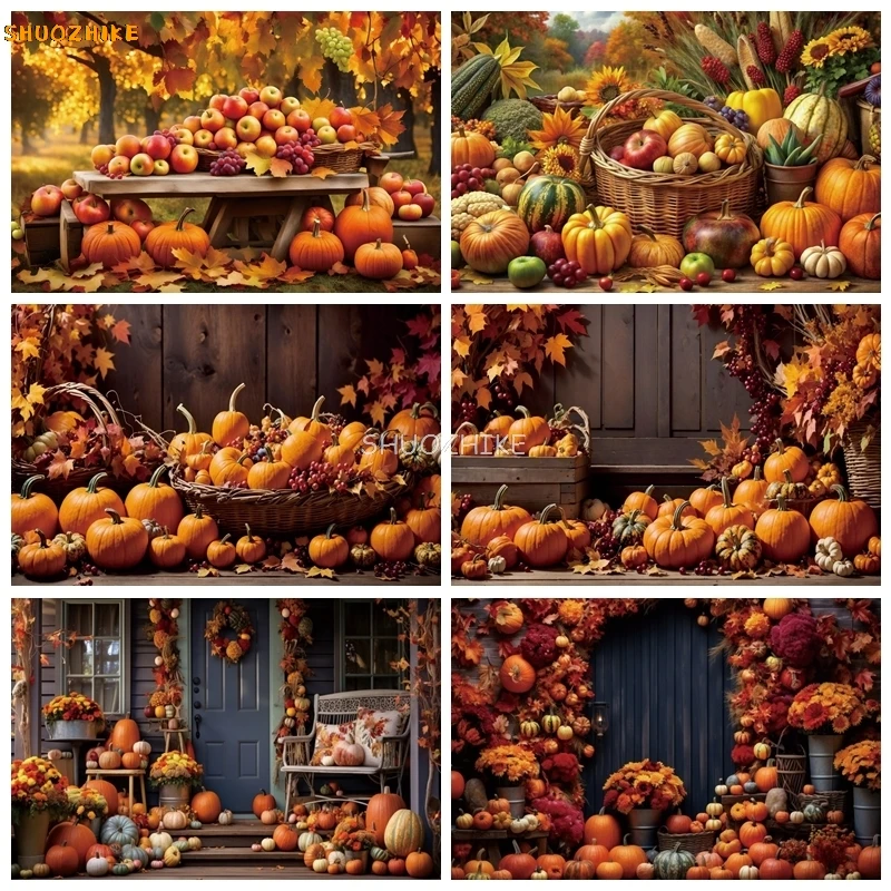 

Autumn Barn Pumpkin Photography Backdrop Fall Maple Leaves Forest Thanksgiving Party Decoration Banner Photo Background Props