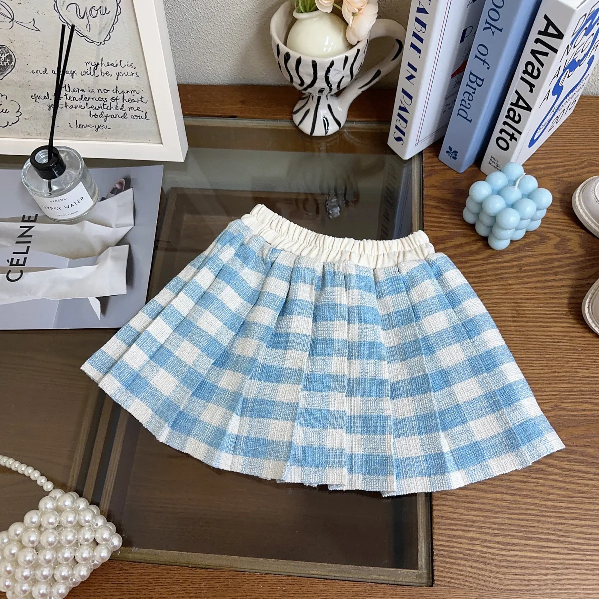 New Girls Suit Spring and Autumn New Women's Treasure Foreign Style Coat Blue and White Plaid Skirt Two-piece Set 6
