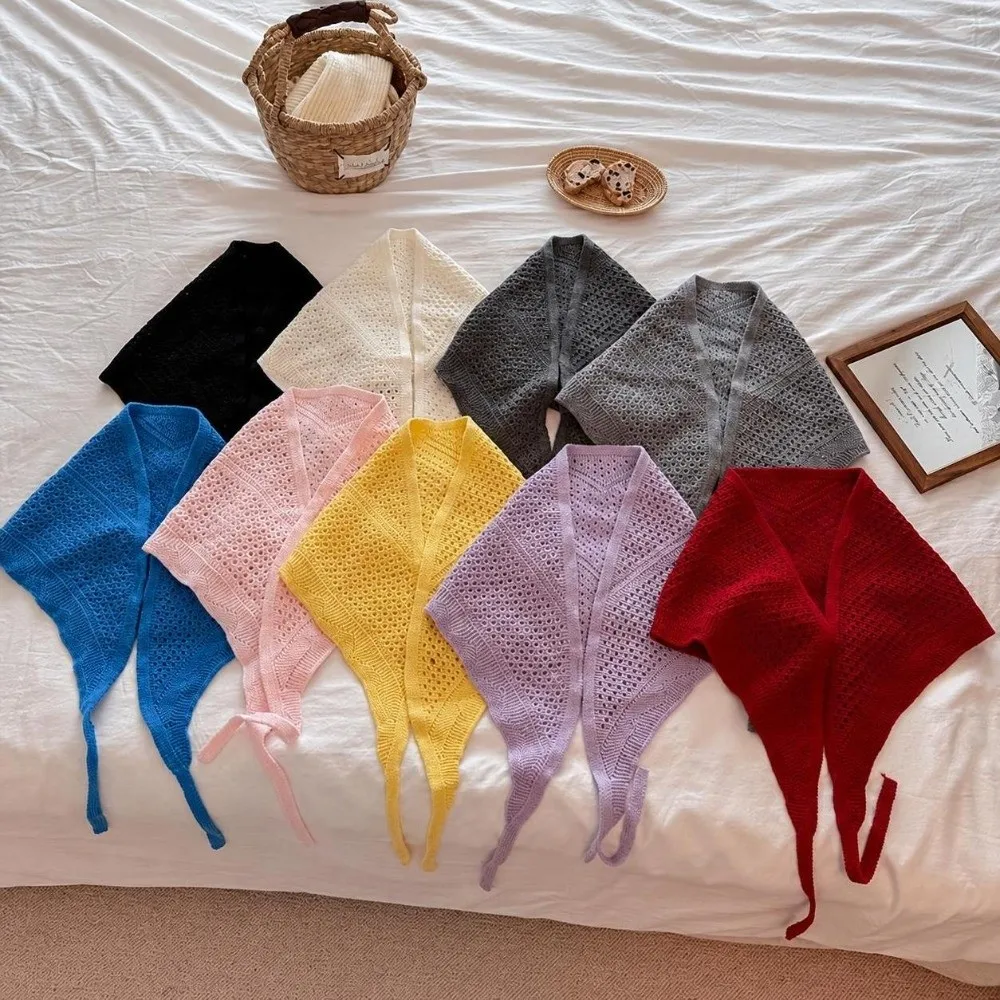 Soft Texture Hollow Out Knitted Triangle Scarf Casual Triangle Shape Headscarf Korean Style Breathable Layering Hem Outdoor Wear