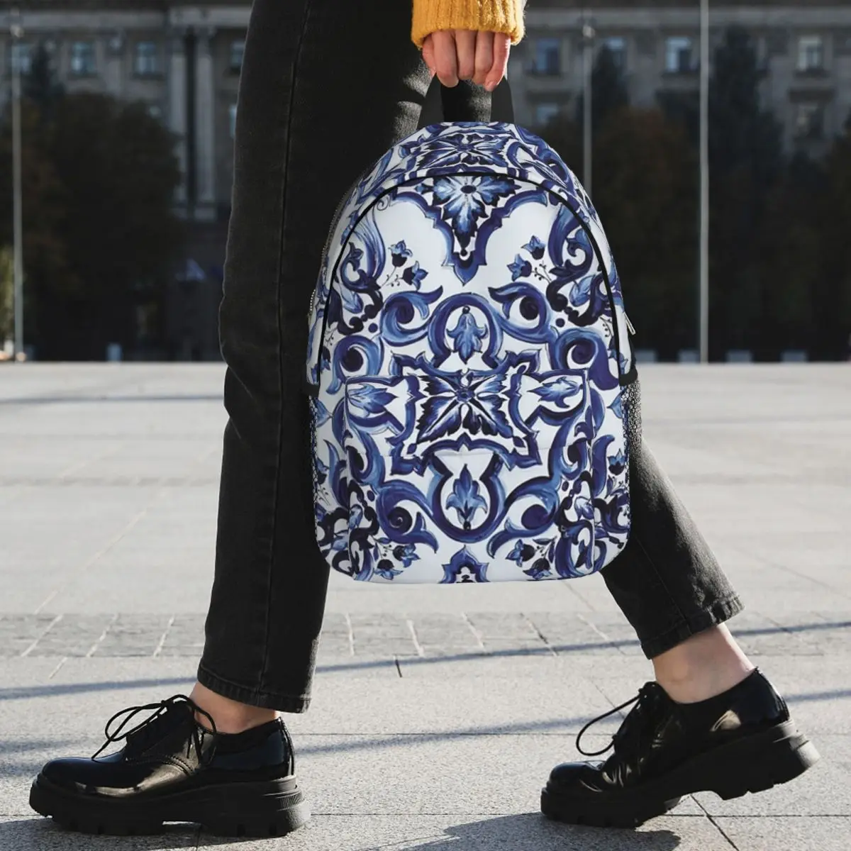 Blue Ornate Floral Mediterranean Sicilian Tile Backpack Student BookBag Boys Girls School Bag Computer Shoulder Bags