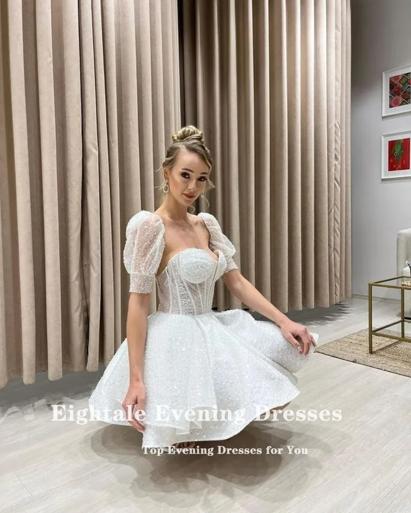 Vestido de noche brillante de Eightale, vestidos de fiesta de lentejuelas blancas de manga corta, vestidos de fiesta de boda cortos personalizados de corte A